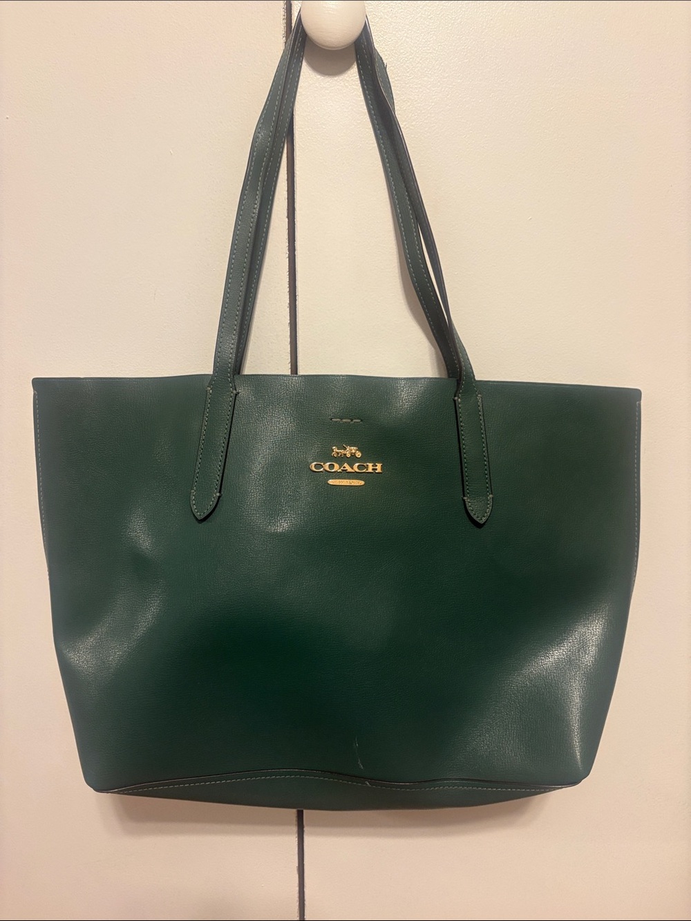Coach Dark Green Leather Tote with Gold Accent